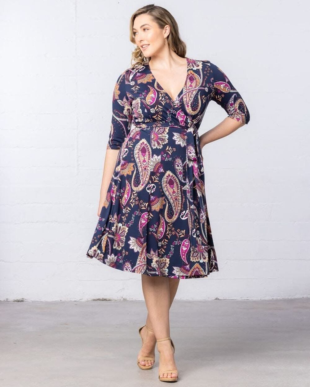 Kiyonna Signature Wrap Dress 4X Paisley Purple Navy Feminine Stretch Office